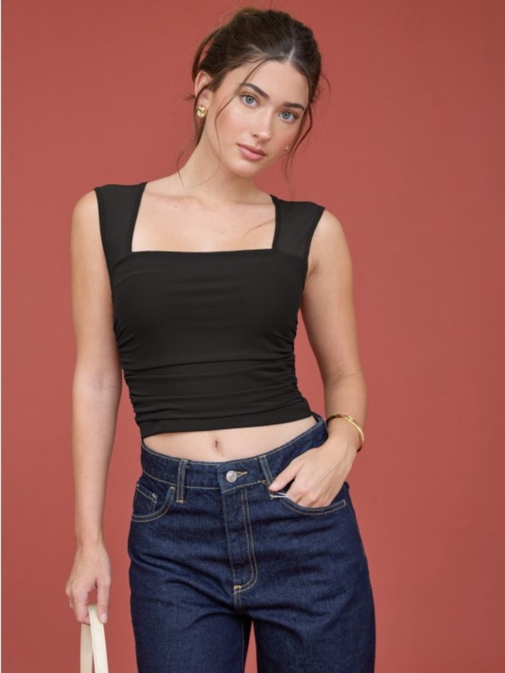 MESH SQUARE NECK RUCHED KNIT CROP TOP Black Size M