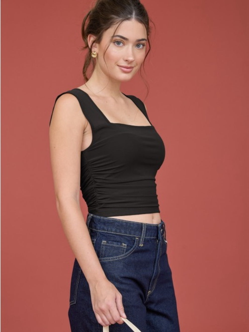 MESH SQUARE NECK RUCHED KNIT CROP TOP Black Size M